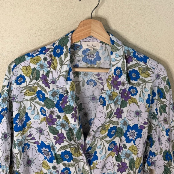 Love Notes Floral Collared Front Tie Purple & Blue Crop Top Short Sleeves L - Picture 3 of 8